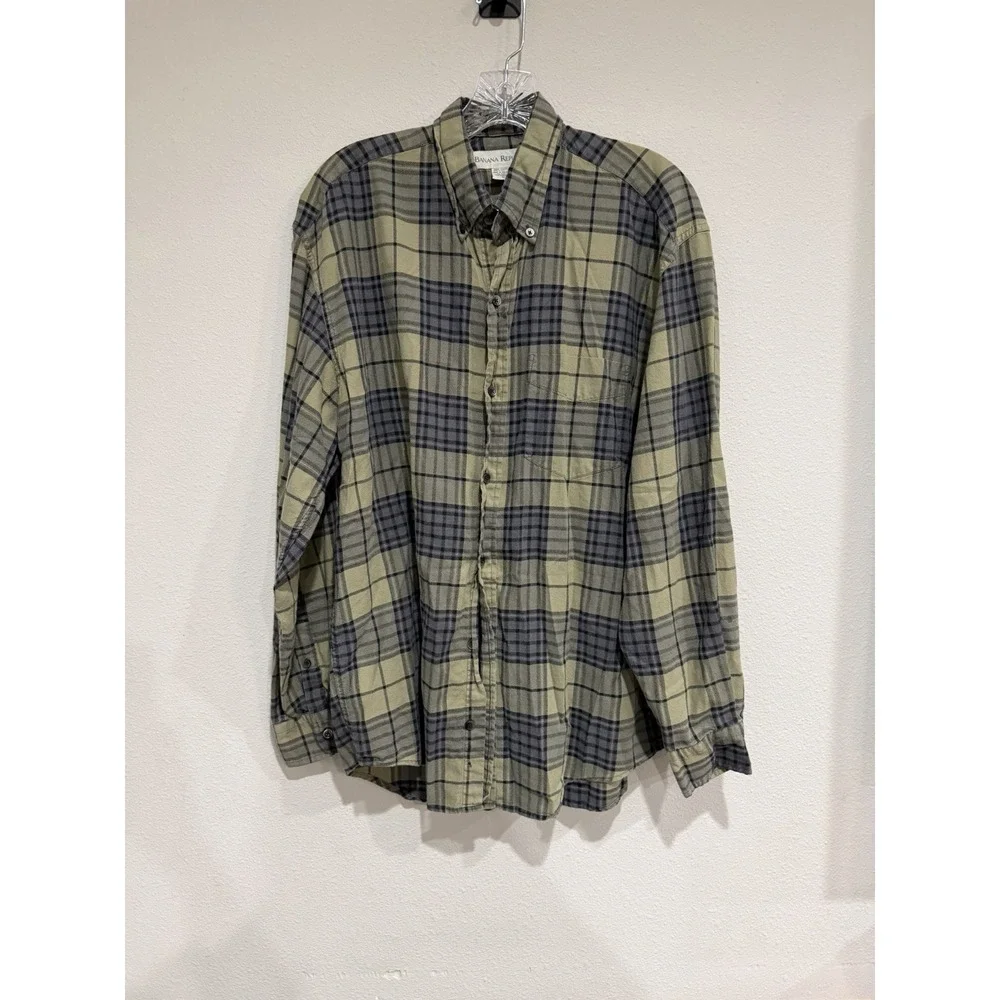 Men's Vintage Banana‎ Republic Plaid Green Flannel 100% Cotton Long Sleeve M